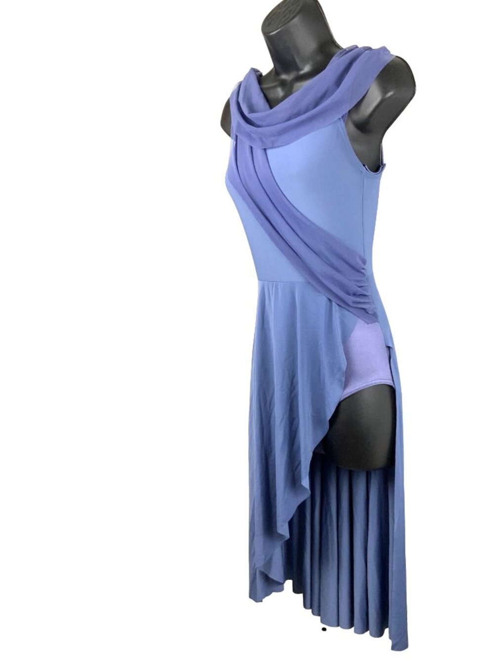 Weissman Asymmetrical Blue Dance Costume Dress With Sheer Overlay  large child